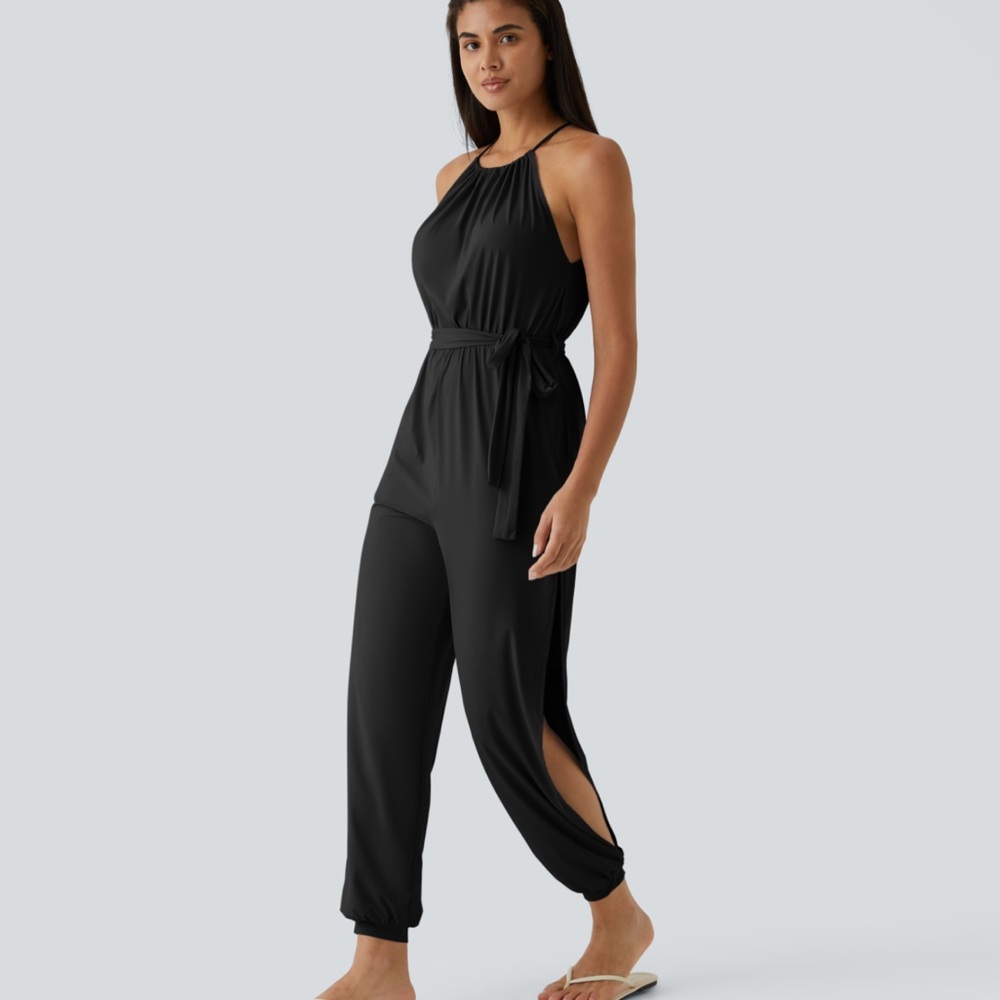 HALARA Black Halter Tie-Waist Jumpsuit with Side Slits